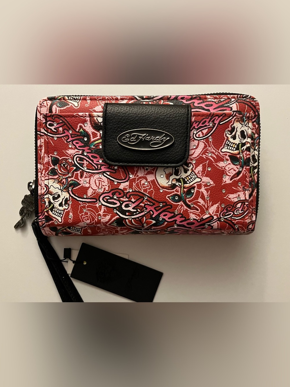 NWT Ed Hardy Red Skull & Rose Rhinestone Wallet